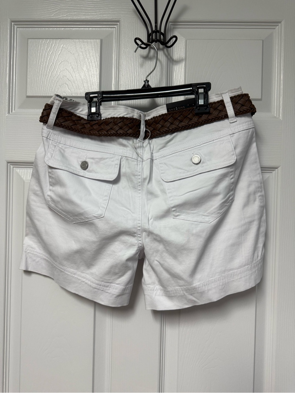 one 5 one White Utility Cargo Shorts with Brown Woven Belt - Picture 3 of 3